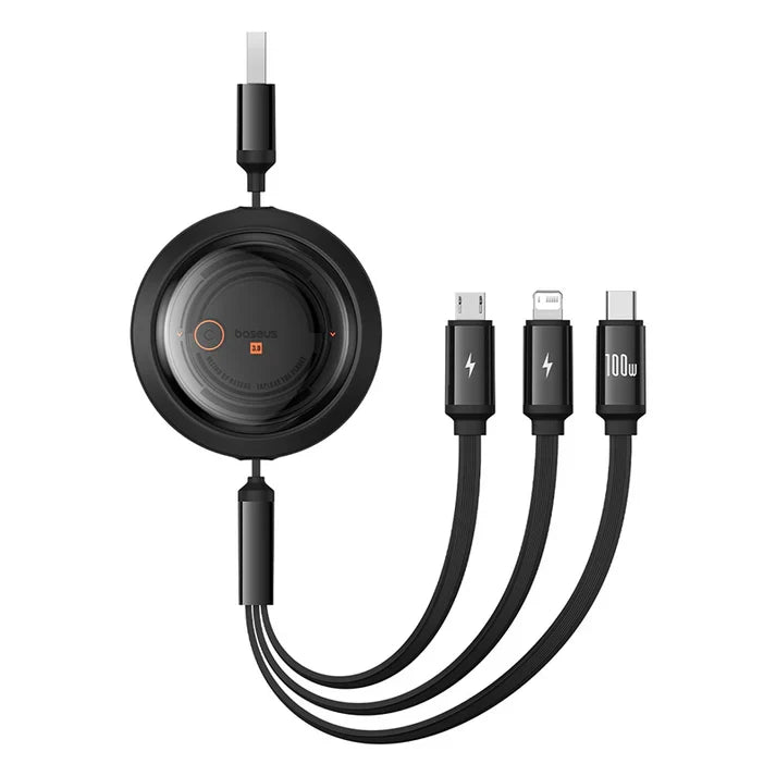 Baseus Free2Draw 1.1m USB-A to M+L+C 100W Retractable Crystal Cable – Black