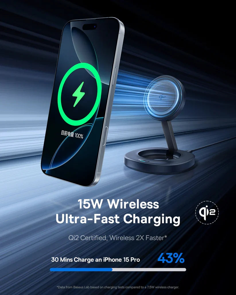 Baseus EnerFill FF11 Foldable Wireless Charger 15W [D] – Black - ستاند شحن - شاحن ماغ سيف وايرلس بقوة 15 واط - خاصية الشحن السريع - كفالة 12 شهر
