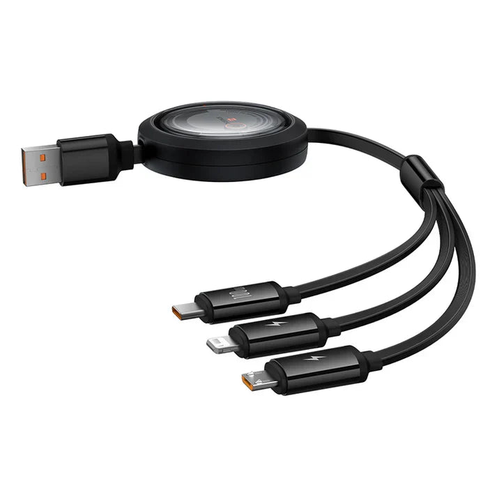 Baseus Free2Draw 1.1m USB-A to M+L+C 100W Retractable Crystal Cable – Black