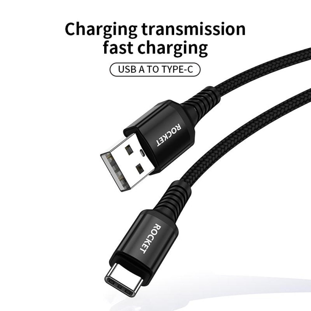 Rocket Braided Cable USB-A to USB-C 1.2M BLACK [H] - سلك شحن تايب سي -روكيت - طول 1.2 سم - كفالة 12 شهر