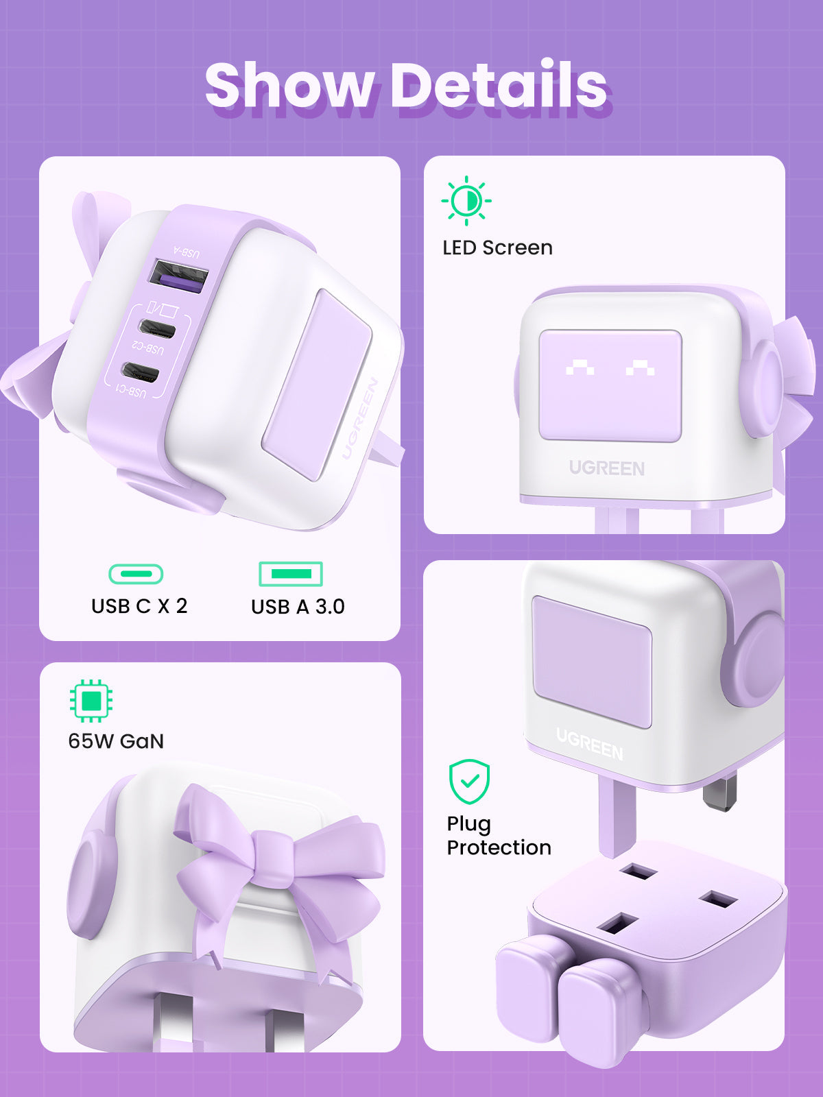 UGREEN Nexode RG 65W 3-Port GaN Fast Charger UK Purple - [b] - شاحن حائط  - يو جرين - 2 فتحتين تايب سي - 1 فتحة يو اس بي - شاشة رقمية - قوة 65 واط - كفالة 12 شهر