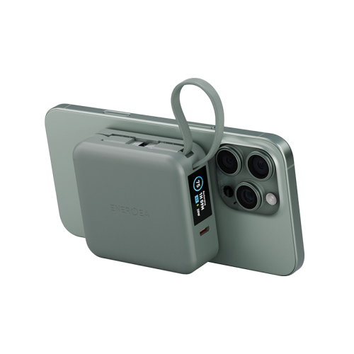 Energea Magpac Mini Plus Wireless Power Bank 10000mAh With Build in USB-C Cable & Display - light green - بطارية متنقلة - انيرجيا - سعة 10000 - عدد 2 سلك شاحن تايب سي - مع شحن لاسلكي - تدعم شحن ساعة ابل + الايربودز - شاشة رقميه - كفالة 24 شهر
