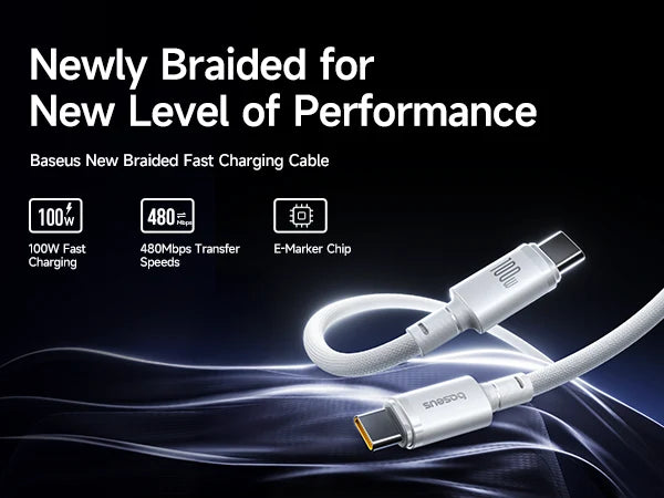 Baseus New Braided Fast Charging Cable USB-C to USB-C 100W 1m - White