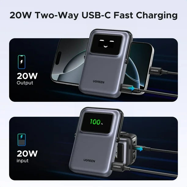 UGREEN Uno Magnetic Wireless Power Bank 10000mAh [b] - بطارية متنقلة - ماغ سيف + ستاند - يوجرين - قوه 20 واط - سعة 10000 ملي امبير - كفالة 12 شهر