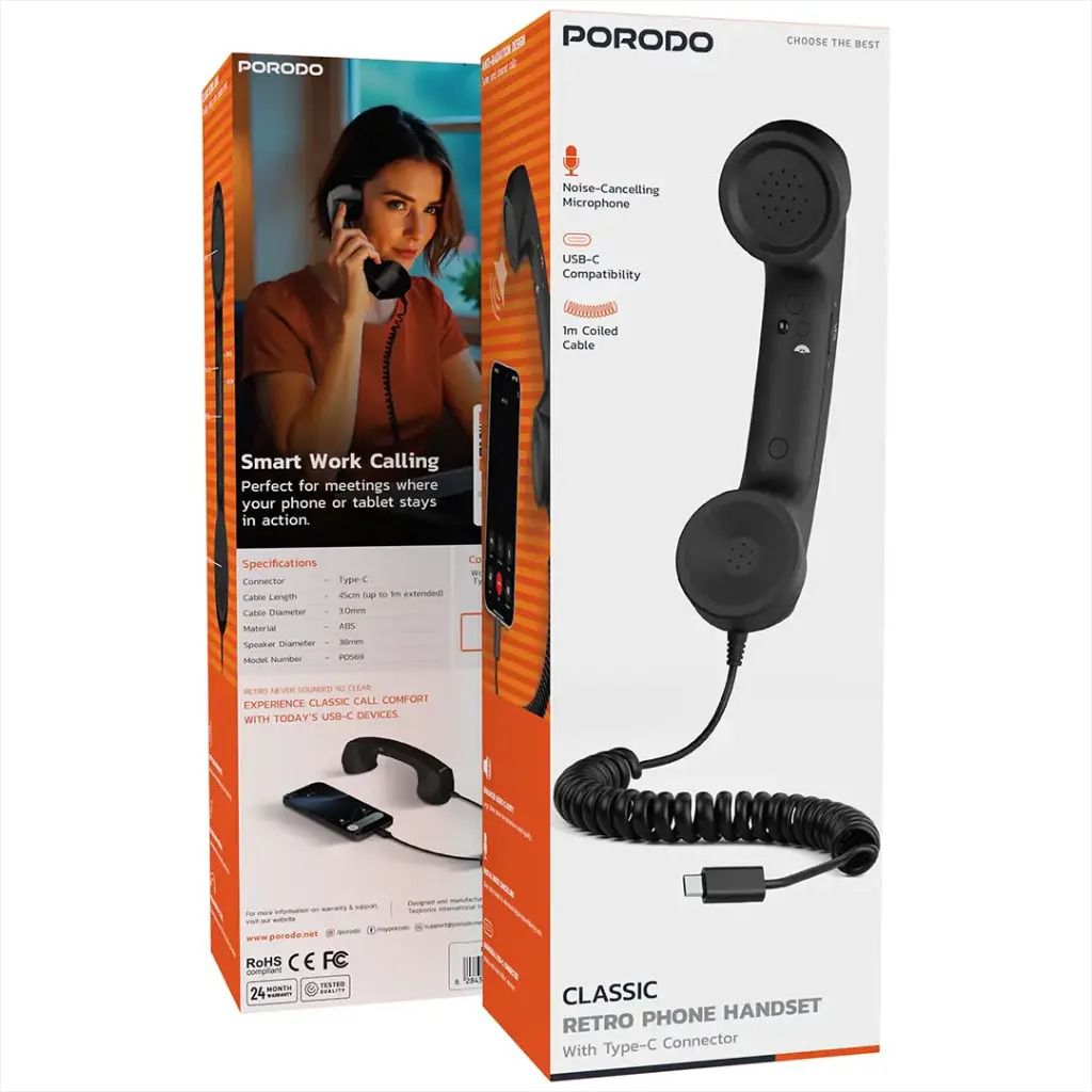 Porodo Classic Retro Phone Handset [O] - سماعة اذن - مع مايكروفون - تايب سي - فردة احادية - كفالة 24 شهر