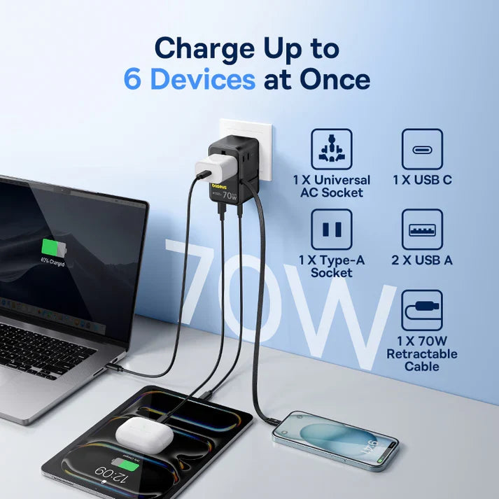 Baseus EnerCore CG11 Universal Travel Adapter 70W with Retractable USB-C [D] - بلاك حائط شحن دولي - 4 فتحات للشحن - 3 فتحات تايب سي +1 فتحة يو اس بي - قوة 70 واط  مع كيبل تايب سي - كفالة 24 شهر