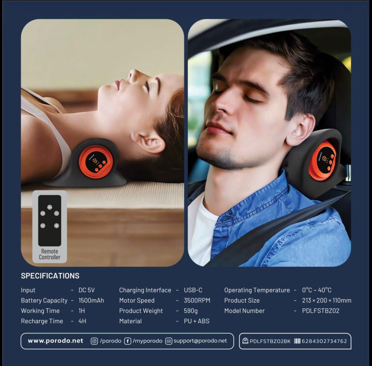 Porodo Lifestyle Tri-Mode Heated Cervical Pillow Massager Wave, Heat & Vibration [O] - مخدة مساج - ذكية من بورودو لايف ستايل - كفالة 24 شهر