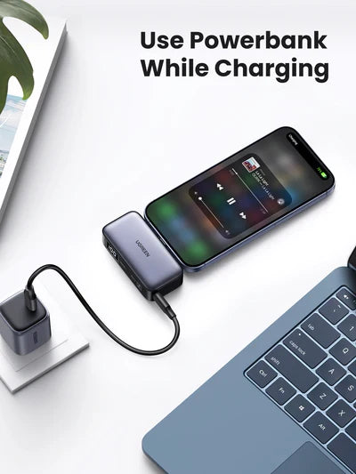 UGREEN 5000mAh 22.5W Built-In USB-C Power Bank with LED Display [b] - بطارية متنقلة - مع شاحن تايب سي - لاجهزة الاندرويد والايفون 15/16 - ستاند - شاشة رقمية - سعة 5000 مللي امبير - قوة 20 واط - كفالة 12 شهر