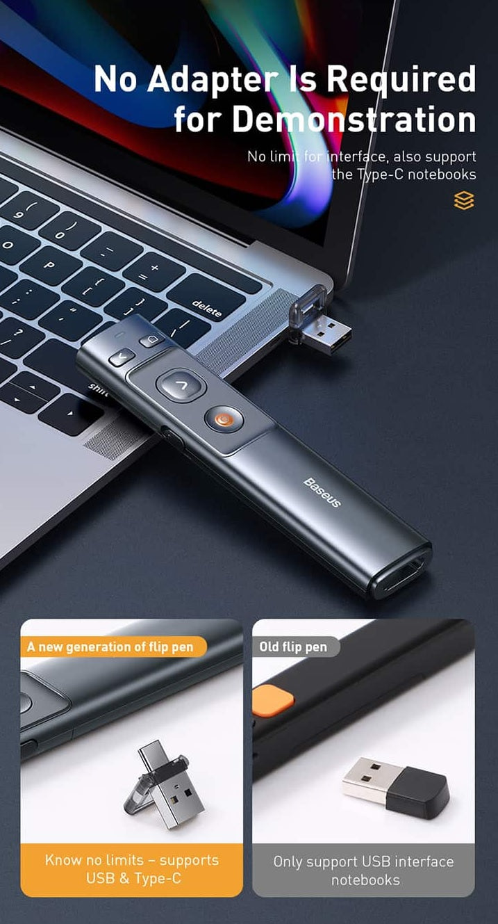 Baseus Orange Dot Wireless Presenter (Red Laser) Wireles Presenter [H]- مؤشر ليزر - للعروض التقديمية - البرزنتيشن - مناسب لجميع انواع الاجهزة والايبادات