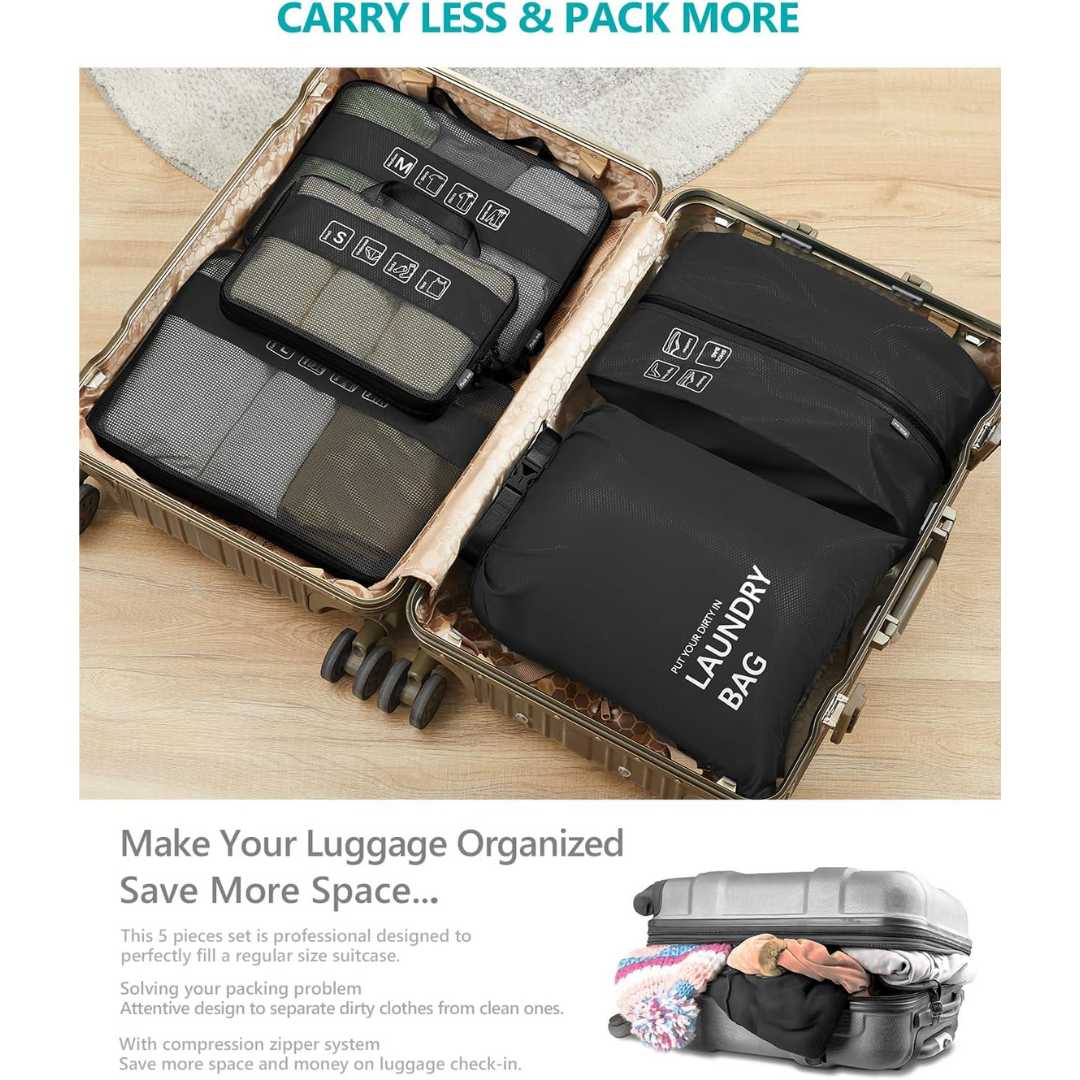 Travelest 5-Piece Compression Packing Cubes Set [T]  - مجموعة منظمات السفر القابلة للضغط (5 قطع) من ترافيليست