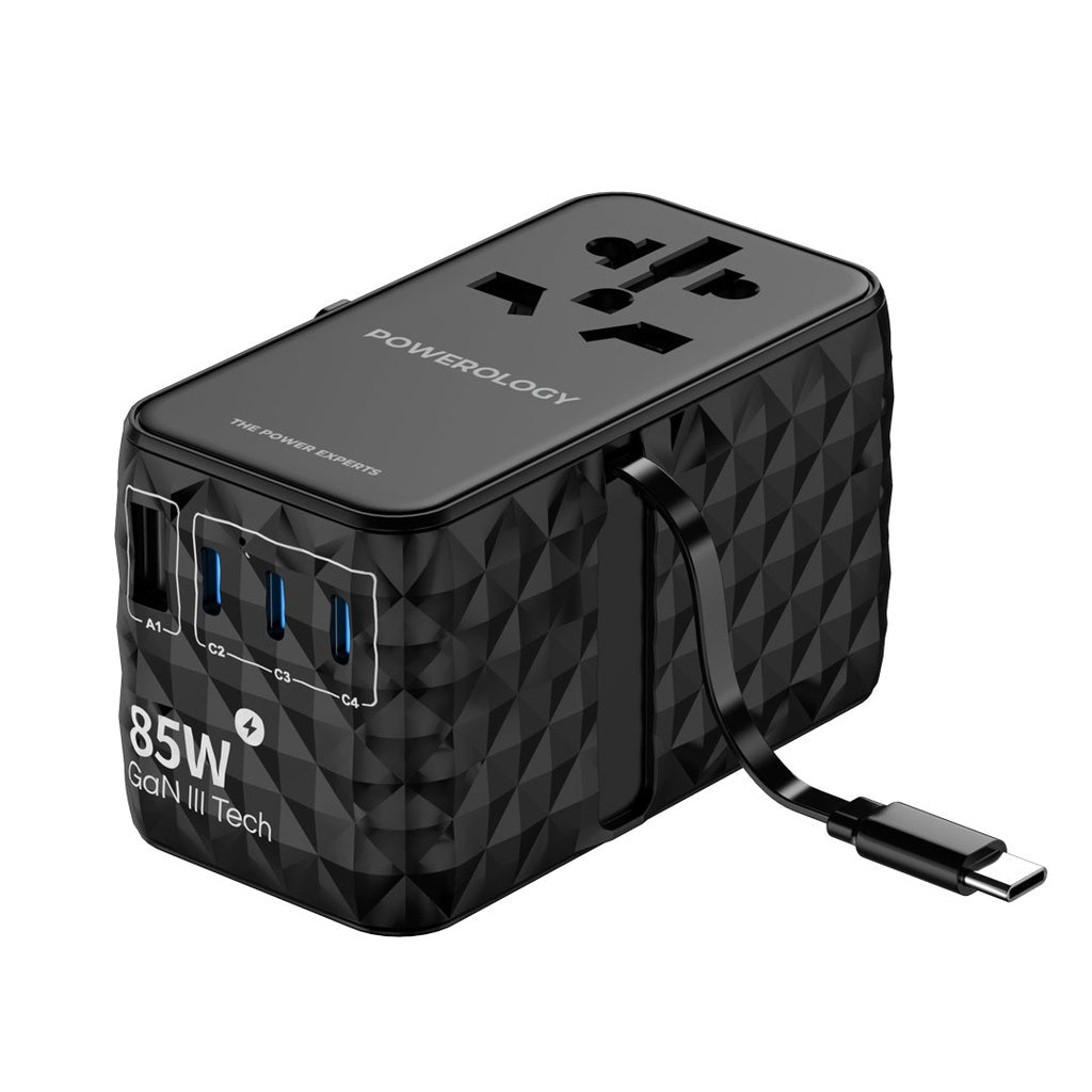 Powerology Universal GaN 85W Super Charger Retractable Type-C Cable - Black [O] - بلاك حائط شحن دولي - 4 فتحات للشحن - 3 فتحات تايب سي +1 فتحة يو اس بي - قوة 85 واط  مع كيبل تايب سي - كفالة 24 شهر