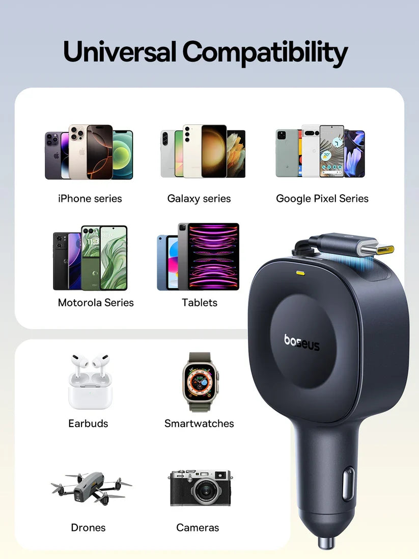 Baseus PrimeTrip VR2 30W Retractable Type-C + Type-C Port – Black [D] - شاحن ولاعة للسيارة - بيسوس - قوة 30 واط - 1 منفذ تايب سي للشحن السريع - 1 منفذ يو اس بي - كفالة 12 شهر