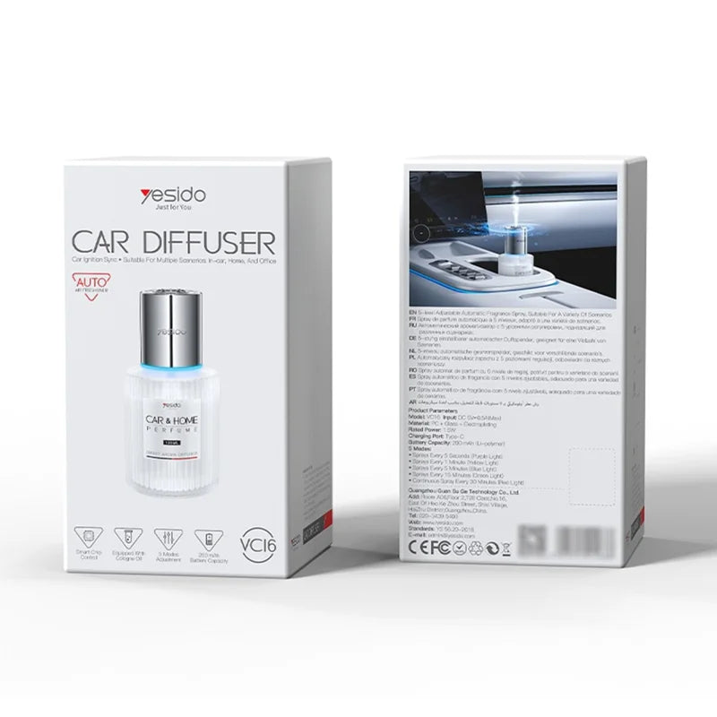 YESIDO VC16 Smart Car Fragrance Diffuser Type C Rechargeable 5 Modes Automatic Air Freshener