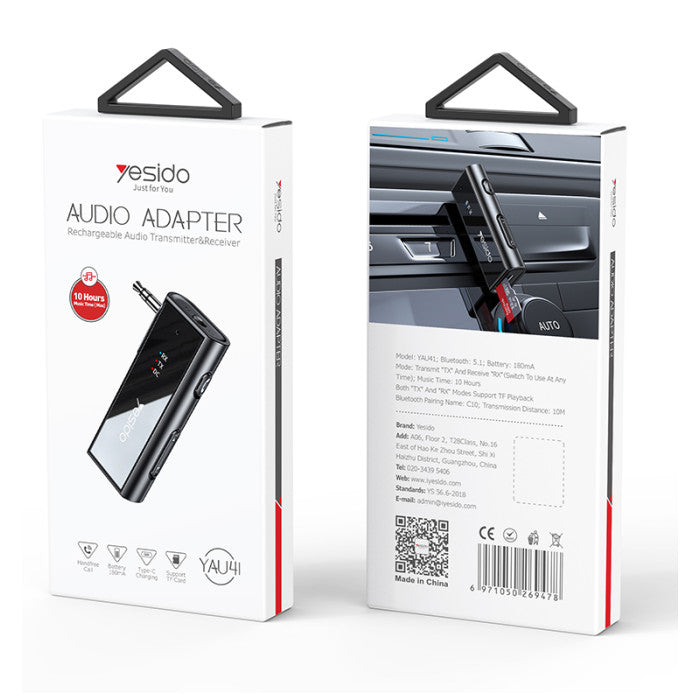 yesido YAU41 2 in1 Wireless Adapter 3.5mm Audio AUX Adapter Bluetooth 5.1 Transmitter Receiver - جهاز ارسال واستقبال بلوتوث - يوسيدو