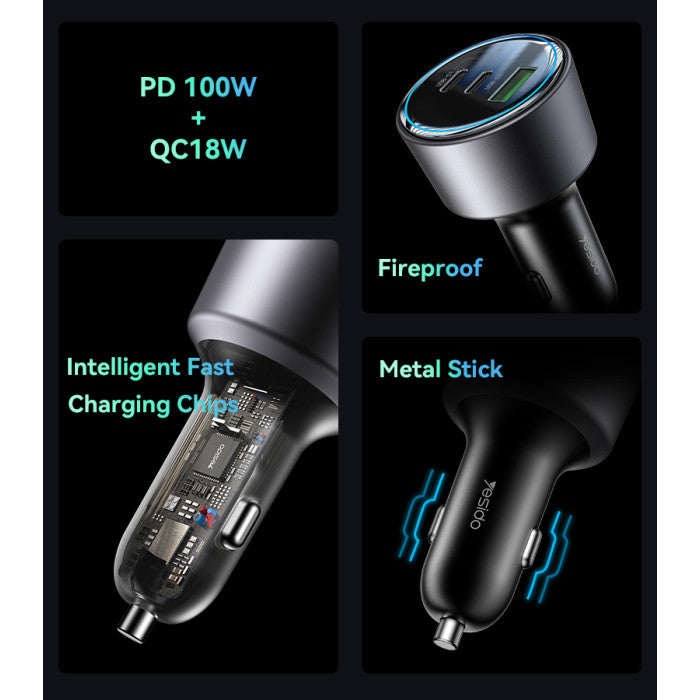 Yesido Y59 Dual 200W PD Car Charger - شاحن سيارة - سرعة شاحن خارقة - باوا  - منفذ يو اس بي + 2 تايب سي  - قوة 200 واط - كفالة 12 شهر