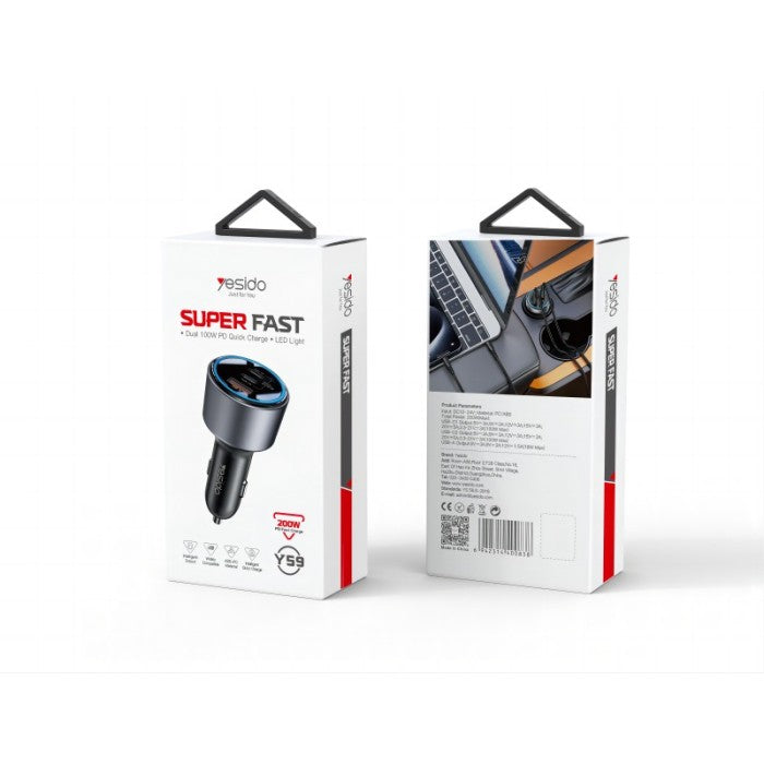Yesido Y59 Dual 200W PD Car Charger - شاحن سيارة - سرعة شاحن خارقة - باوا  - منفذ يو اس بي + 2 تايب سي  - قوة 200 واط - كفالة 12 شهر