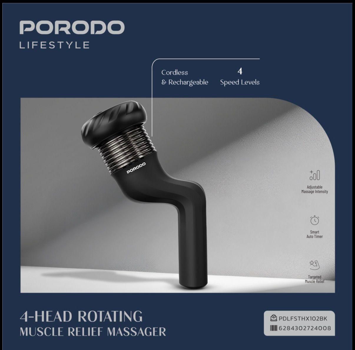 Porodo Lifestyle 4-Head Rotating Design Muscle Relief Massager [O] - مدلك تخفيف العضلات 4 رؤوس دوارة بورودو لايف ستايل - أسود - كفالة 24 شهر