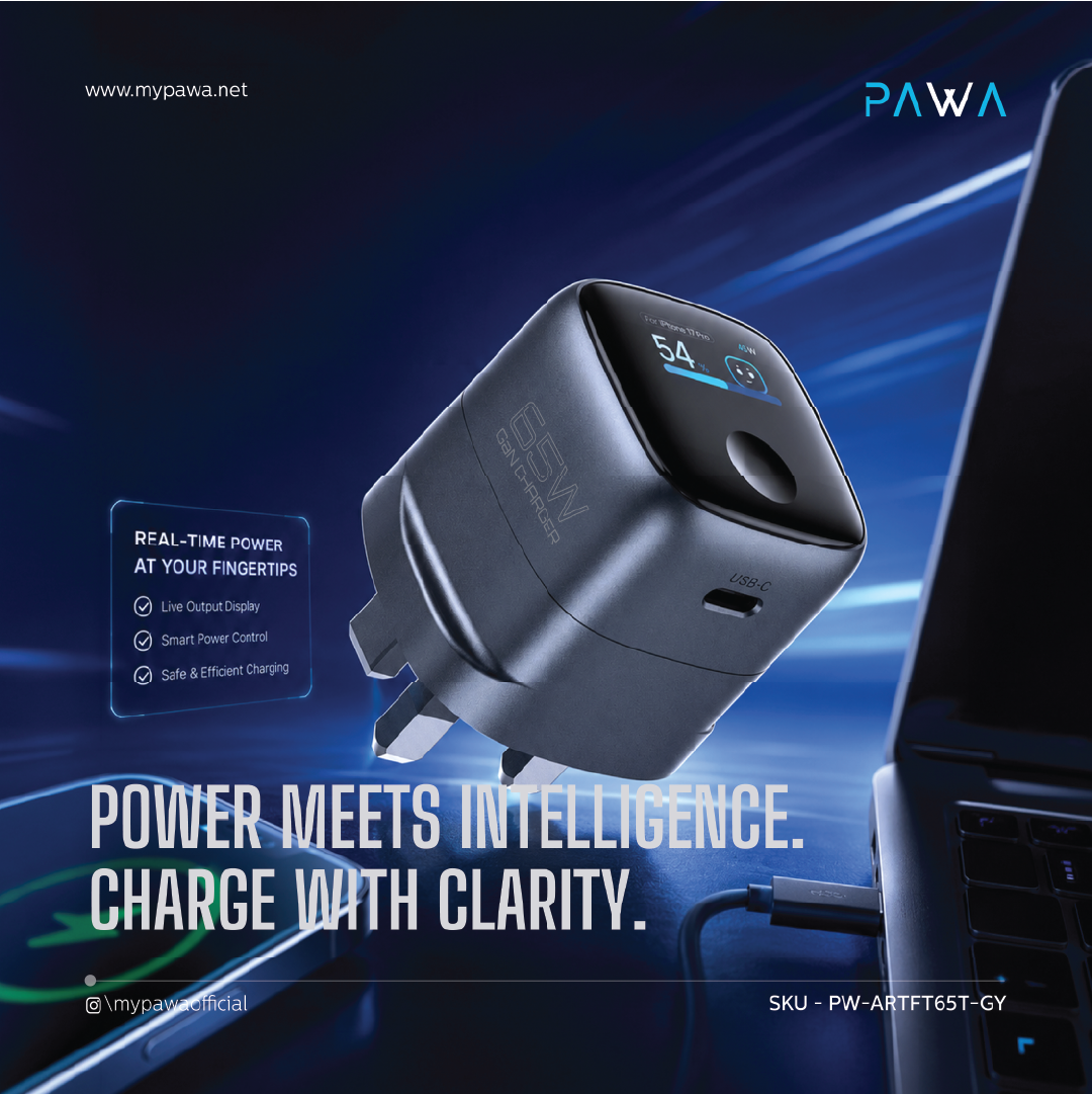 شاحن PAWA Aura بمنفذ واحد وقدرة 65 واط وشاشة TFT مع كابل Type-C إلى Type-C مضفر بقدرة 100 واط