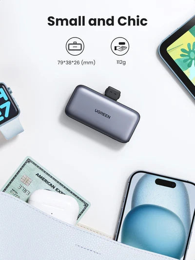 UGREEN 5000mAh 22.5W Built-In USB-C Power Bank with LED Display [b] - بطارية متنقلة - مع شاحن تايب سي - لاجهزة الاندرويد والايفون 15/16 - ستاند - شاشة رقمية - سعة 5000 مللي امبير - قوة 20 واط - كفالة 12 شهر