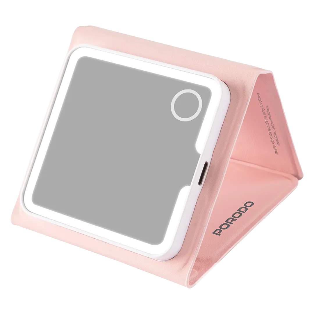 Porodo Lily LED Portable Tri-Fold Makeup Mirror- Pink [O]- مراية مكبرة + 3 مستويات + منفذ تايب سي - ماجنتيك - اضاءة ليد - كفالة 12 شهر