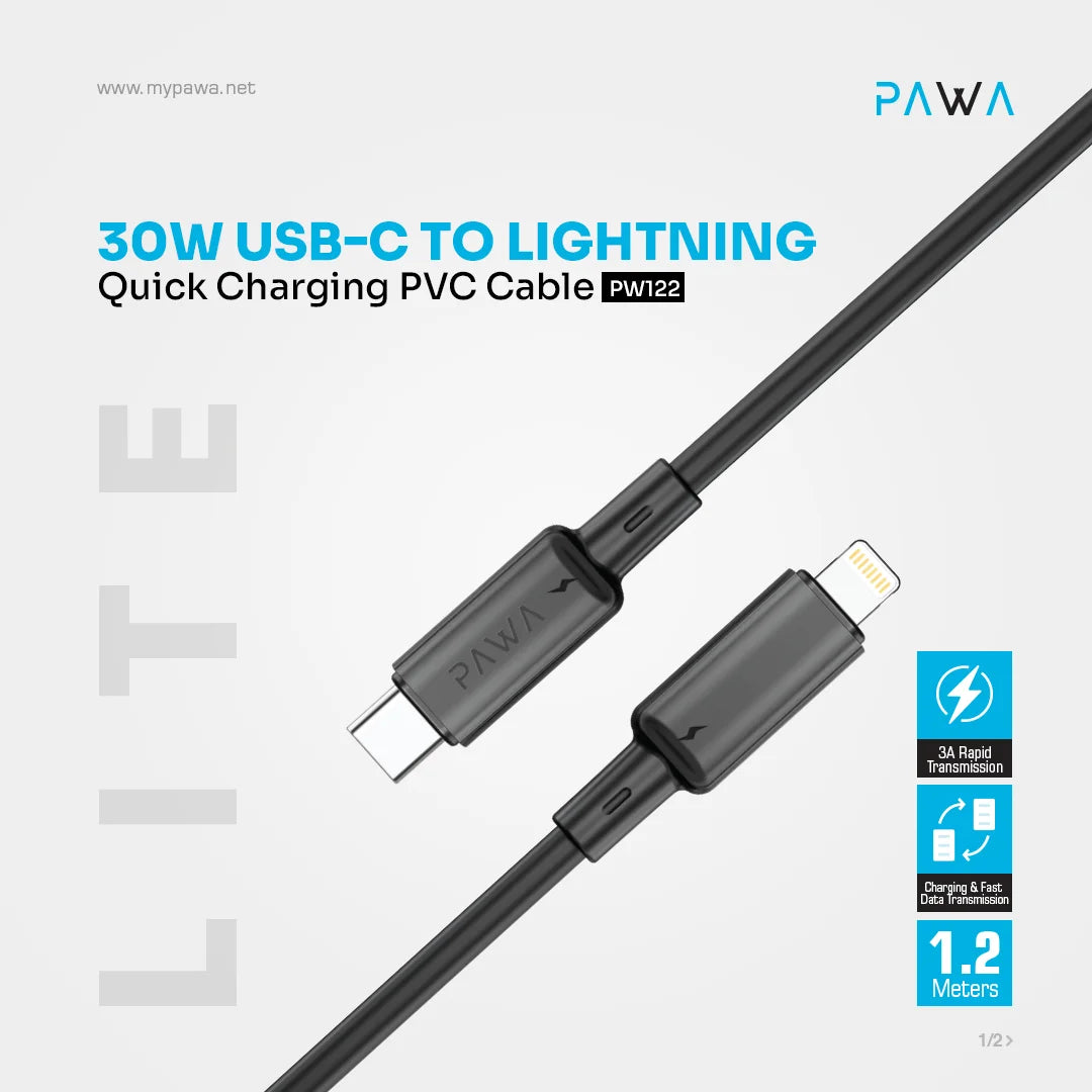 PAWA 3A USB-C TO Lightning Quick Charging - 1.2m - Black