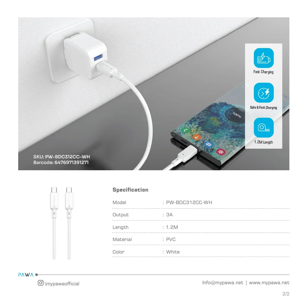 PAWA 3A USB-C TO USB-C Quick Charging PVC Cable PW122 - White