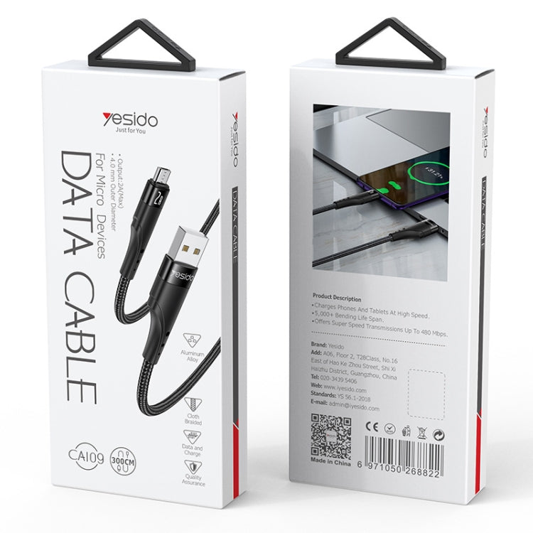 YESIDO CA109 3m 2A USB to Micro USB Charging Data Cable (Black) [H] - سلك شحن مايكرو  - طول 3 متر - كفالة 12 شهر