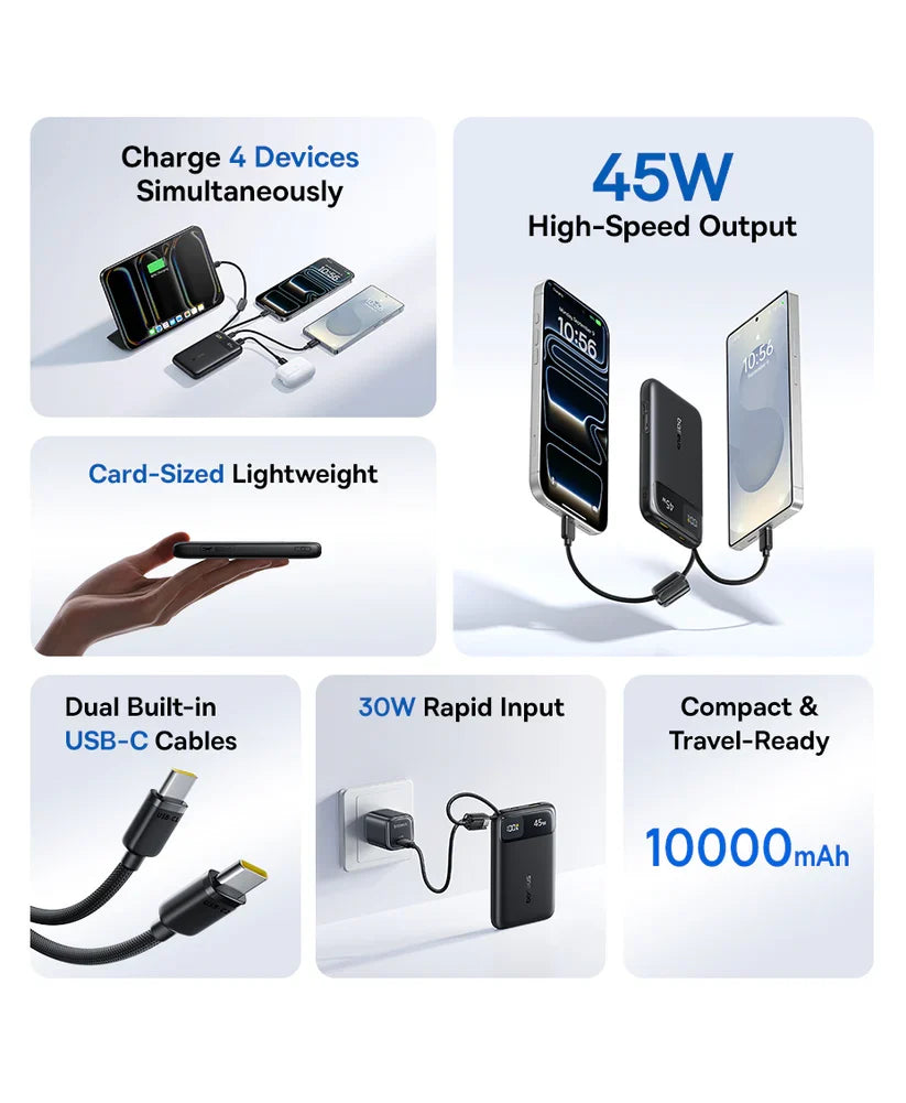 Baseus EnerFill FC11 Digital Display Power Bank with Dual Built-in USB-C Cables 10000mAh 45W - Cosmic Black