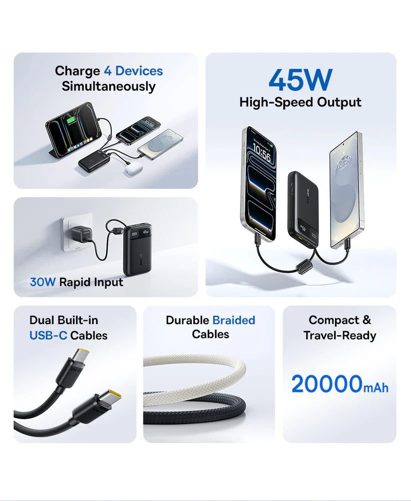 Baseus EnerFill FC11 Digital Display Power Bank with Dual Built-in USB-C Cables 20000mAh 45W - Cosmic Black