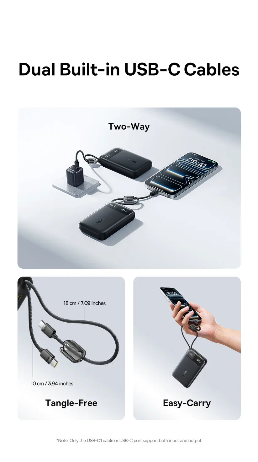 Baseus EnerFill FC11 Digital Display Power Bank with Dual Built-in USB-C Cables 20000mAh 45W - Cosmic Black