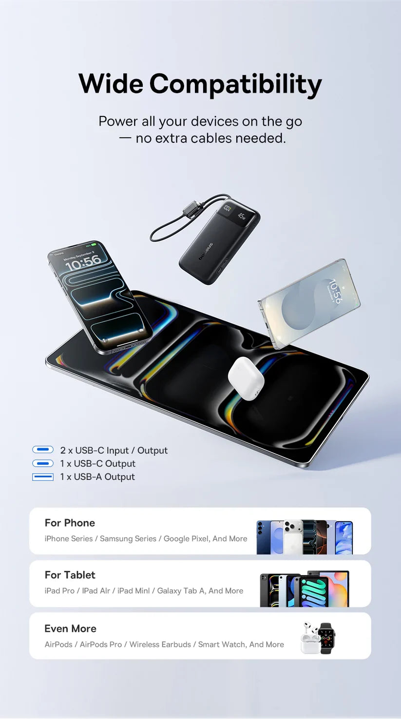 Baseus EnerFill FC11 Digital Display Power Bank with Dual Built-in USB-C Cables 10000mAh 45W - Cosmic Black