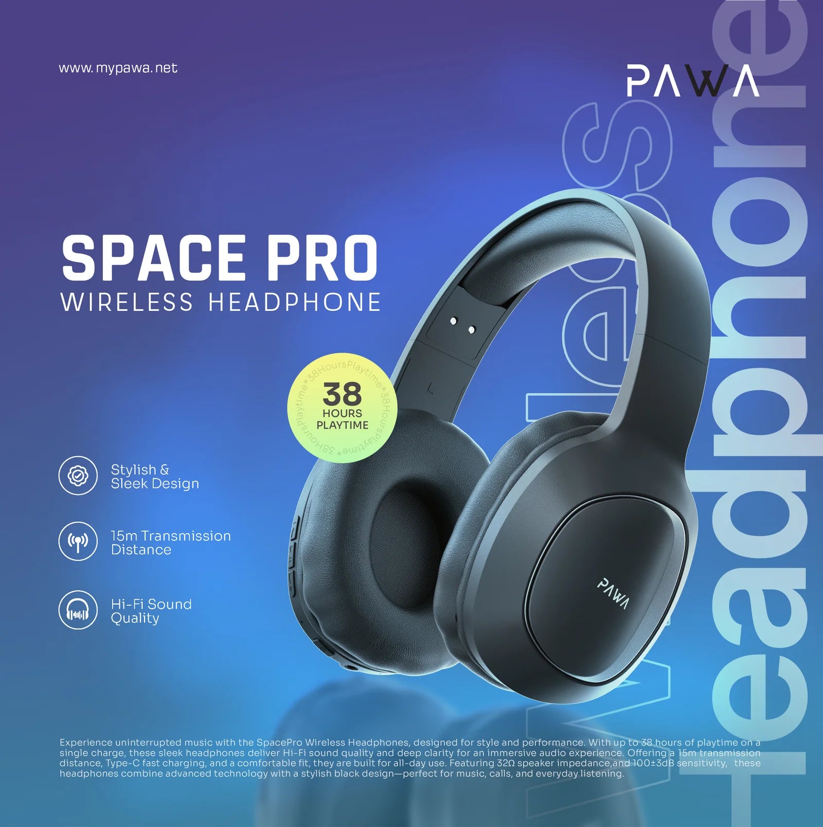 Pawa Space Pro Wireless Headphone - Black