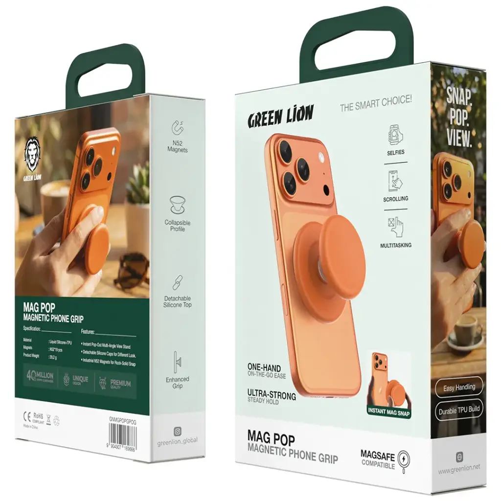 Green Lion Mag Pop Magnetic Phone Grip - Orange - مسكة دائرية - ستاند - خاصية الماغ سيف