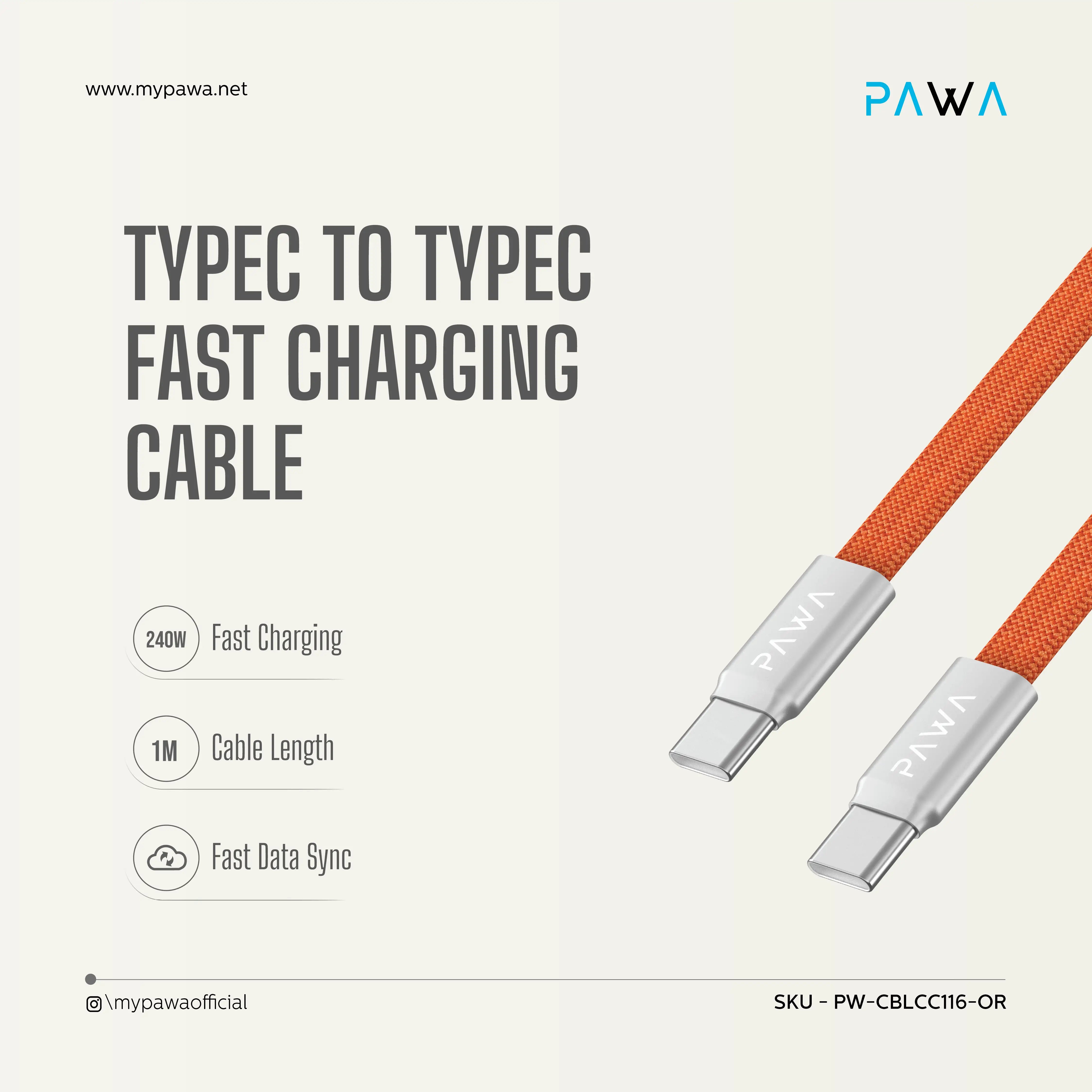 PAWA Ignitesync Typec To Typec Magnetic Braided Cable - 240W - Orange