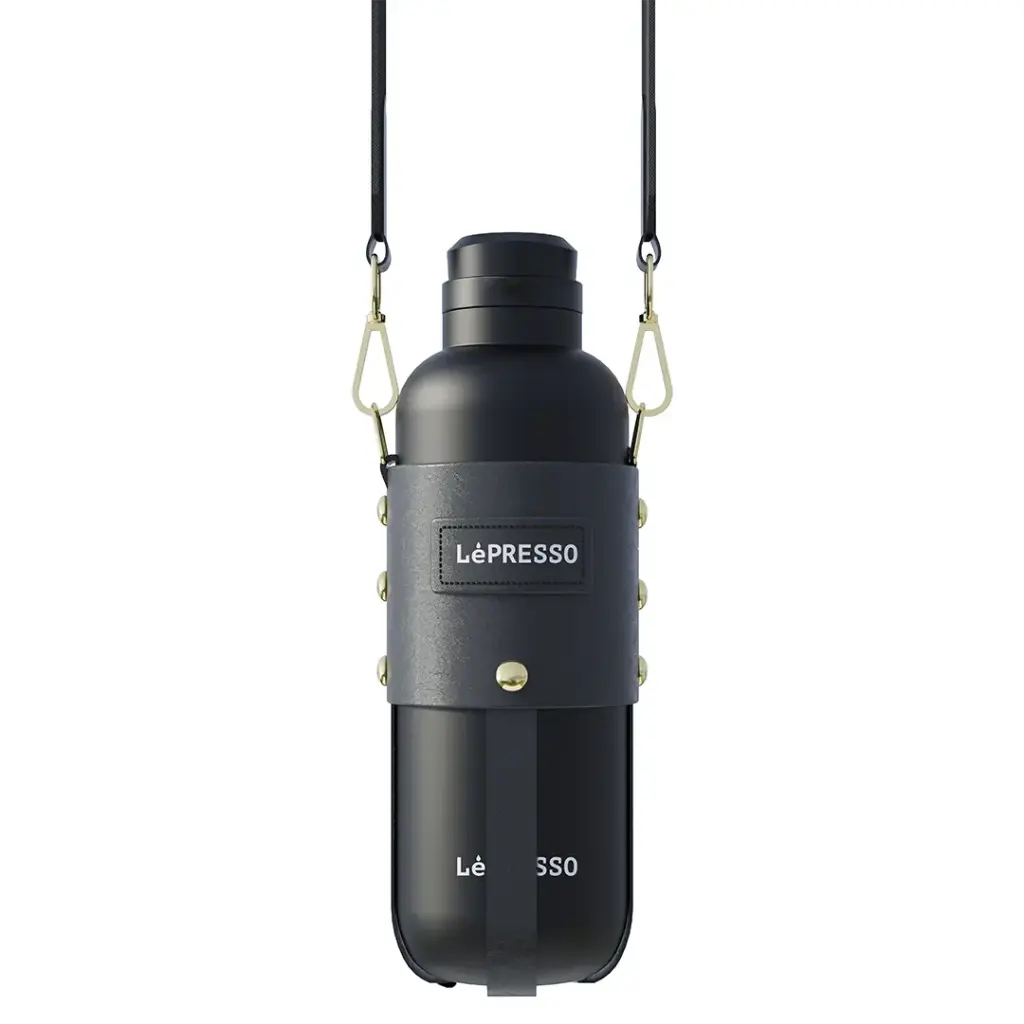 LePresso ThermaTrail Thermos Bottle with Crossbody Strap - Black