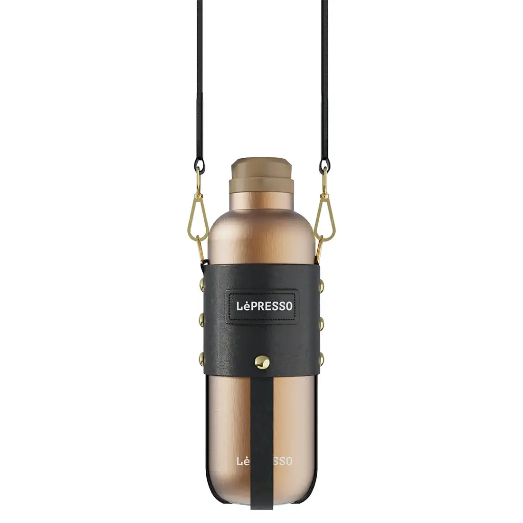 LePresso ThermaTrail Thermos Bottle with Crossbody Strap - Gold