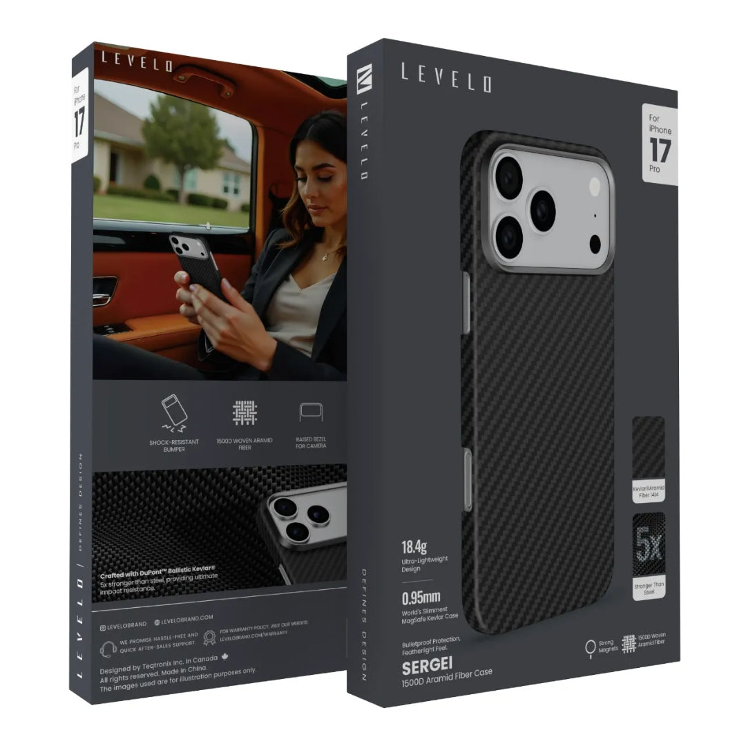 Levelo Sergei 1500D Aramid Fiber Case For iPhone 17 Pro/ProMax - Black [O] -  كفر حماية عالية - ليفيلو - فايبر - مقاوم للصدمات - ايفون 17 برو / 17 بروماكس - ماغ سيف