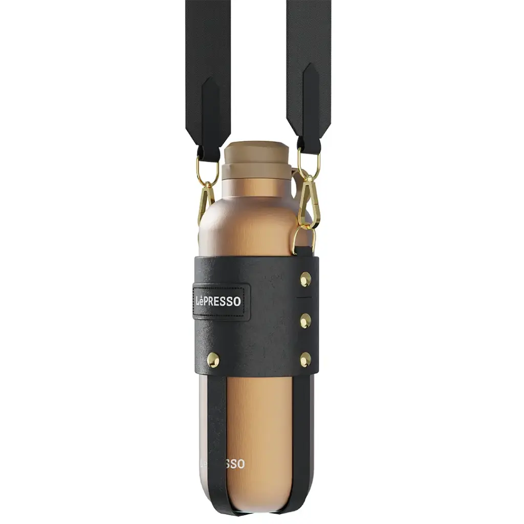 LePresso ThermaTrail Thermos Bottle with Crossbody Strap - Gold