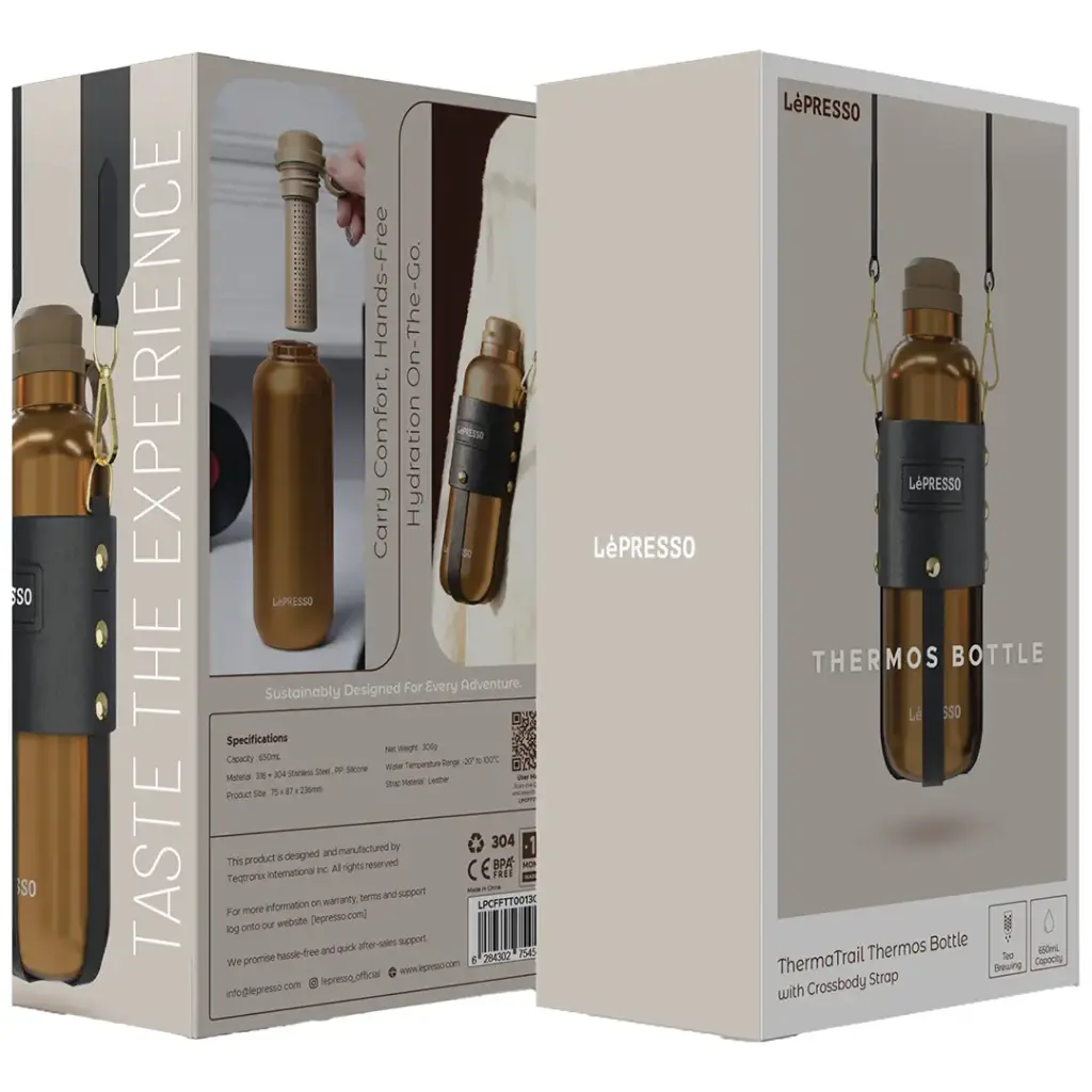 LePresso ThermaTrail Thermos Bottle with Crossbody Strap - Gold