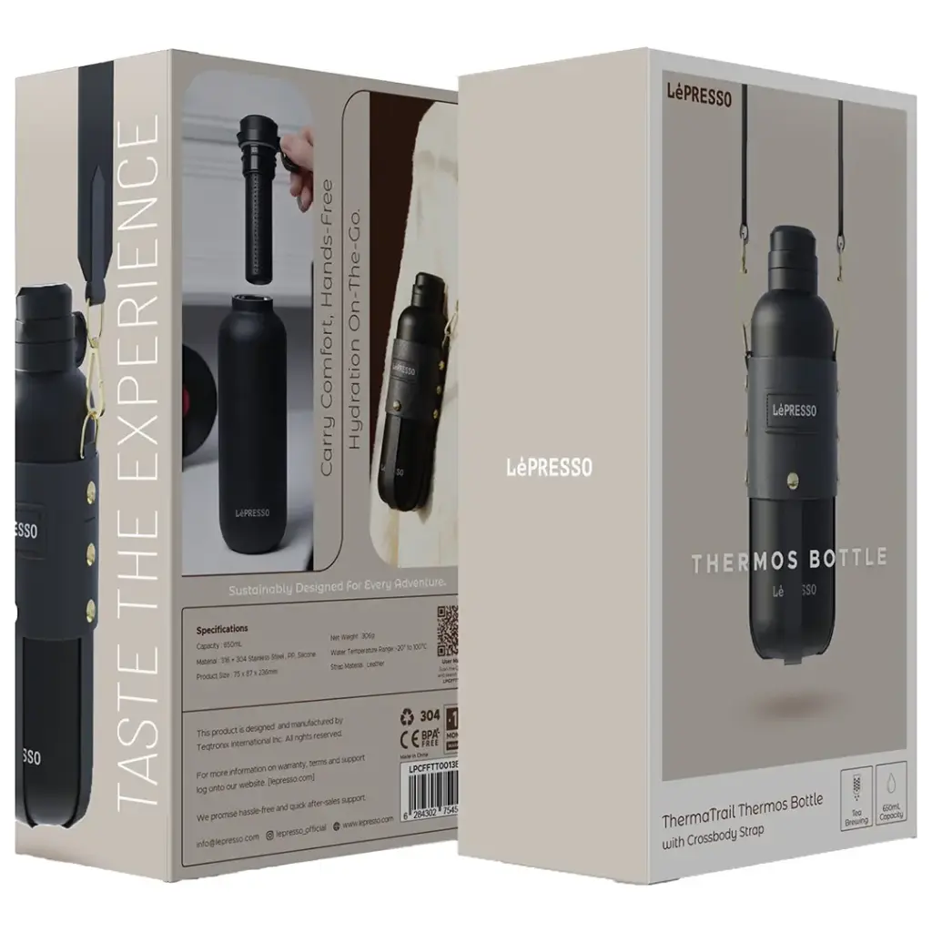 LePresso ThermaTrail Thermos Bottle with Crossbody Strap - Black