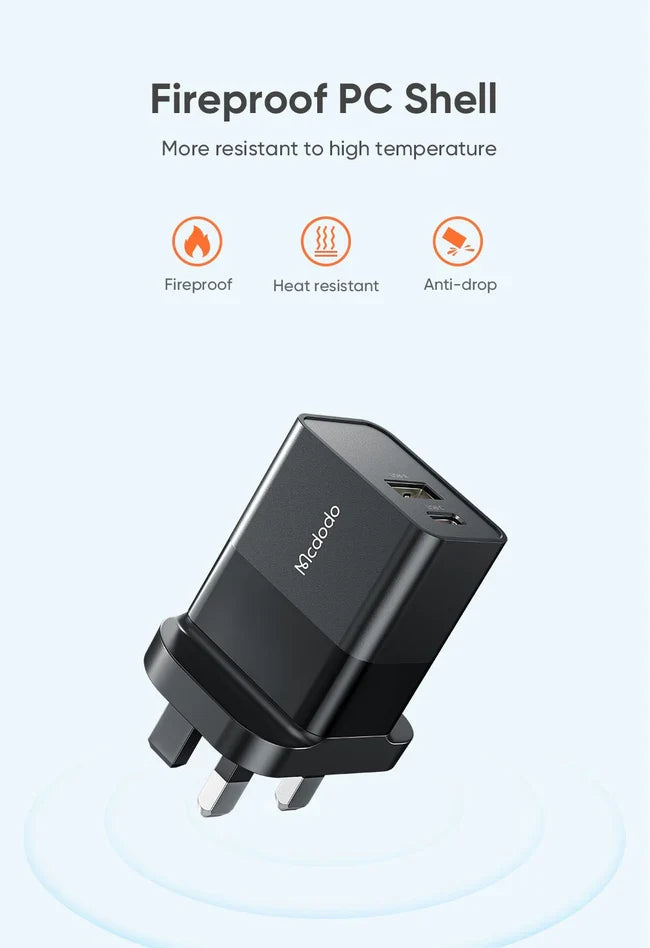 Mcdodo CH-130 | 20W PD Fast Charger | Dual Ports (Type-C & USB) - Black [H]- بلاك شاحن حائط + سلك شحن ايفون - كفالة 12 شهر