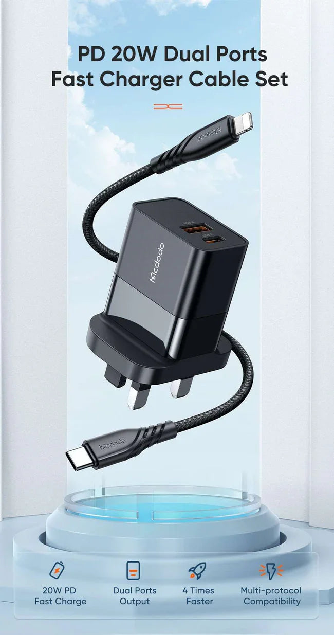 Mcdodo CH-130 | 20W PD Fast Charger | Dual Ports (Type-C & USB) - Black [H]- بلاك شاحن حائط + سلك شحن ايفون - كفالة 12 شهر