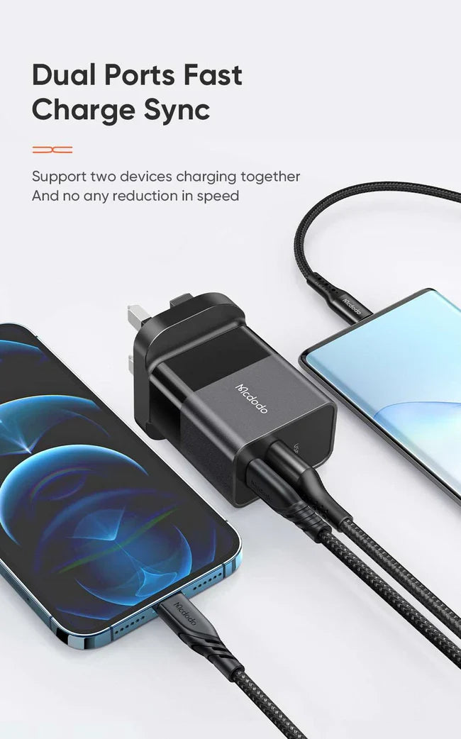 Mcdodo CH-130 | 20W PD Fast Charger | Dual Ports (Type-C & USB) - Black [H]- بلاك شاحن حائط + سلك شحن ايفون - كفالة 12 شهر
