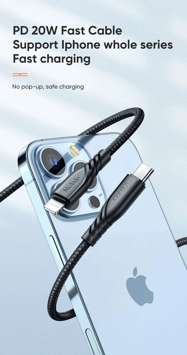 Mcdodo CH-130 | 20W PD Fast Charger | Dual Ports (Type-C & USB) - Black [H]- بلاك شاحن حائط + سلك شحن ايفون - كفالة 12 شهر