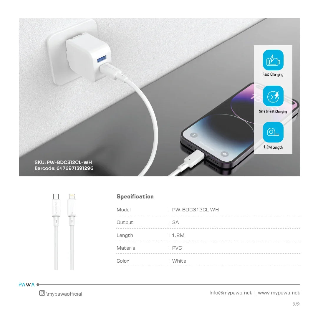 PAWA 3A USB-C TO Lightning Quick Charging - 1.2m - White