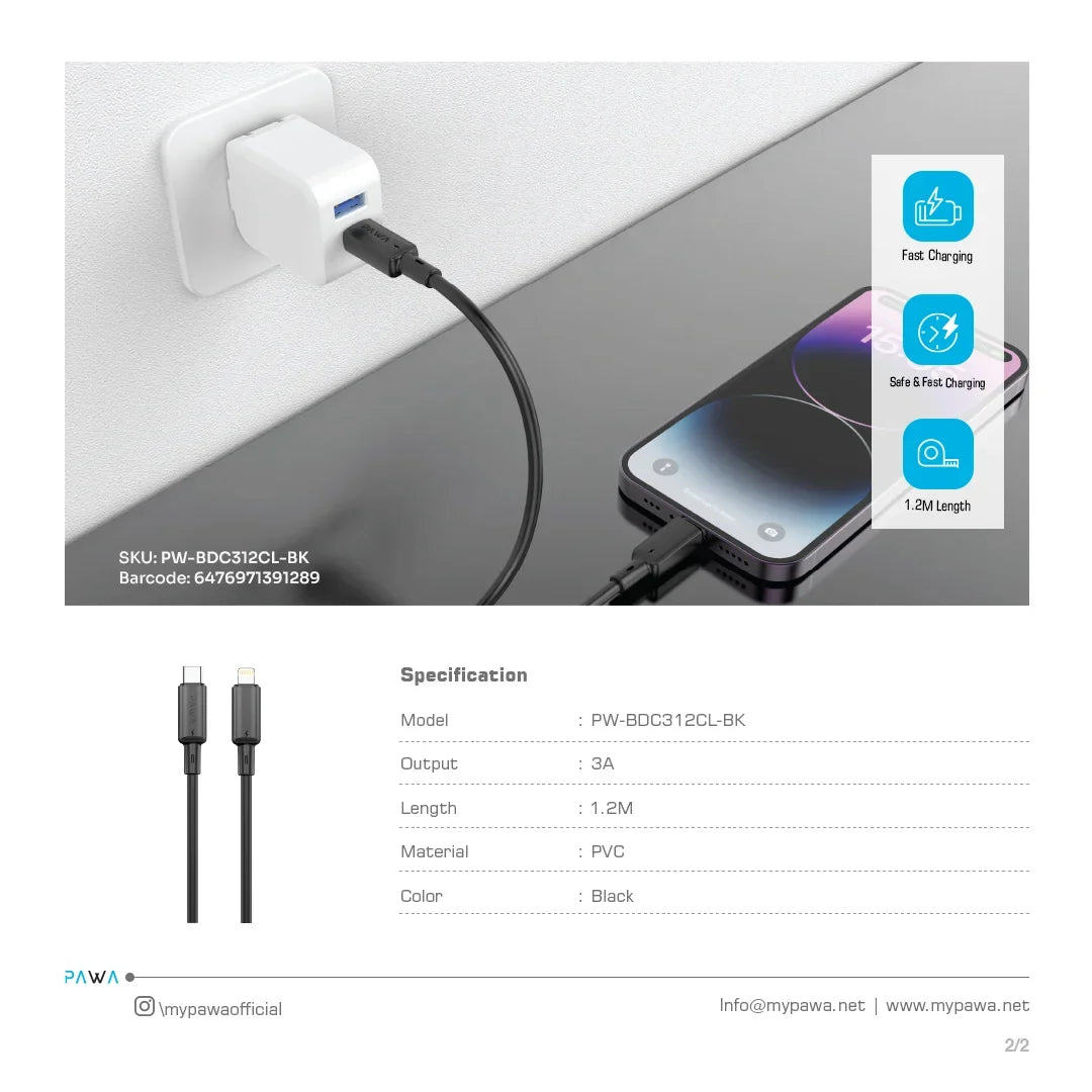 PAWA 3A USB-C TO Lightning Quick Charging - 1.2m - Black