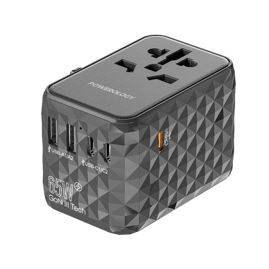 Powerology Universal Multi-Port Travel Adapter PD 65W - Grey [O] - بلاك حائط شحن دولي - 5 فتحات للشحن - 3 فتحات تايب سي + 2 فتحة يو اس بي - قوة 65 واط  - كفالة 24 شهر
