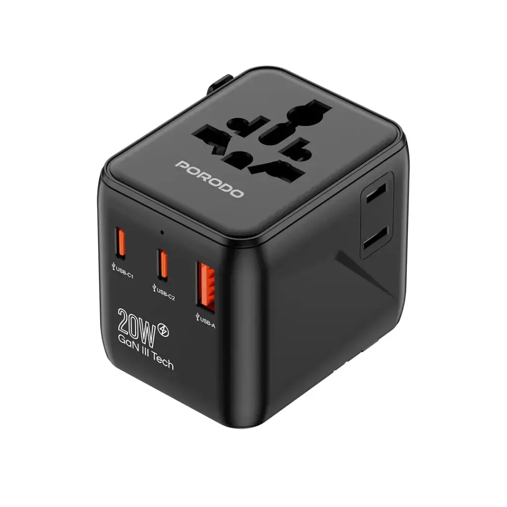 Porodo Universal Travel GaN Quick Charger - Black - شاحن حائط دولي - لجميع دول العالم - 3 منافذ للشحن الذكي والسريع - كفالة 24 شهر