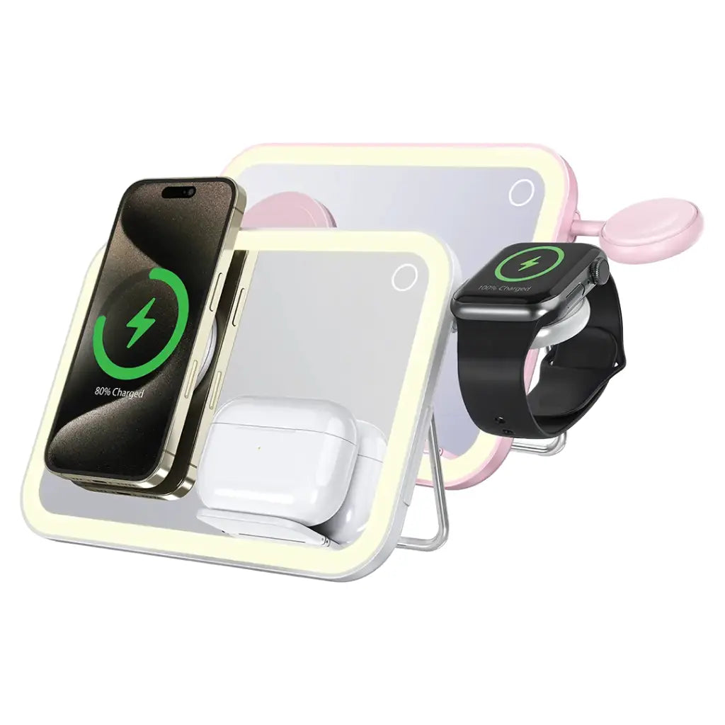 Porodo 3-in-1 MagSafe Charging Station with Mirror Light - Pink - مرايا مكتبية مع اضاءة للميك اب - مع شحن لاسلكي ماغ سيف + شاحن ساعة + شاحن ايربودز - بورودو - كفالة 24 شهر
