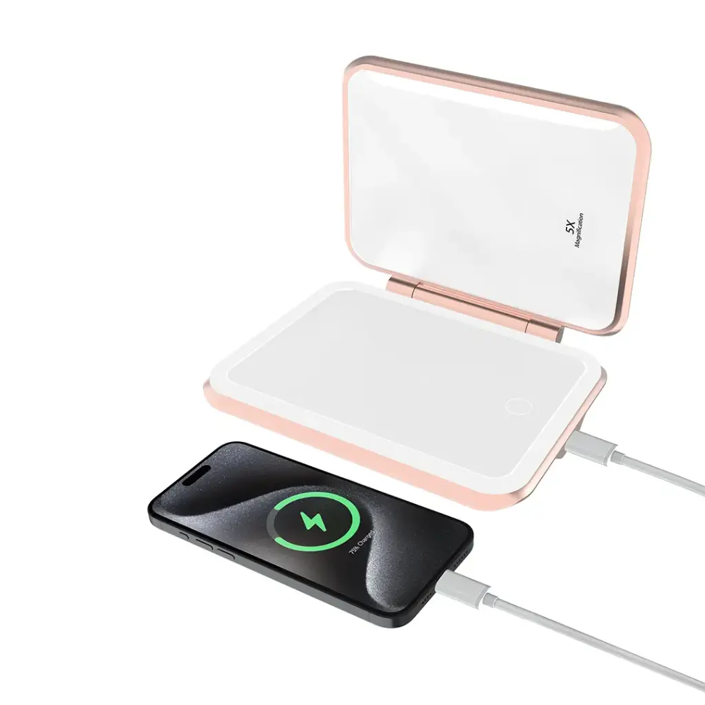 Porodo Lifestyle 5000mAh Power Bank Magnifying Mirror - White/Rose Gold [O]- بطارية متنقلة + مراية + 1 منفذ تايب سي - سعة 5000 ملي أمبير - كفالة 24 شهر